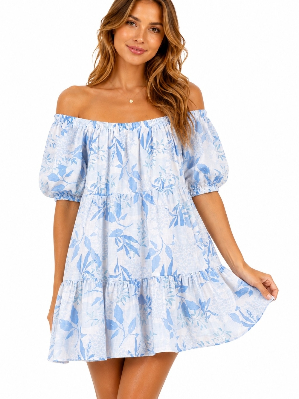 SABO Blue White Floral Mini Dress Puff Sleeve Lined Cotton Size 4 vacation chic